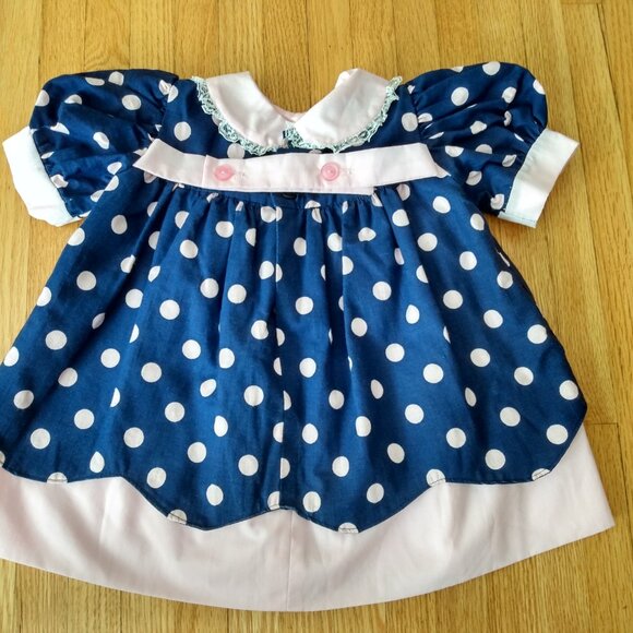 Vintage Handmade Baby Dress Blue Pink Polka Dots - Picture 9 of 14
